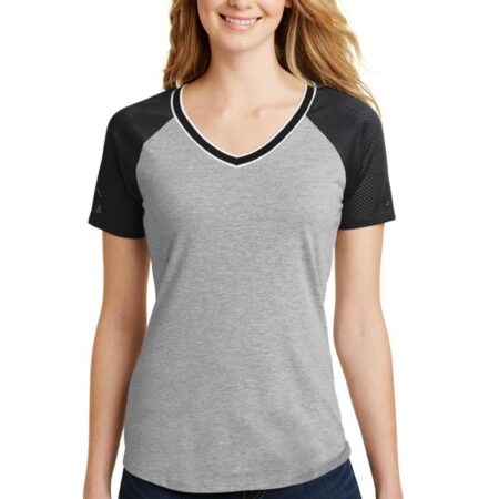 CLOSEOUT District Juniors Mesh Sleeve V-Neck Tee. DT276