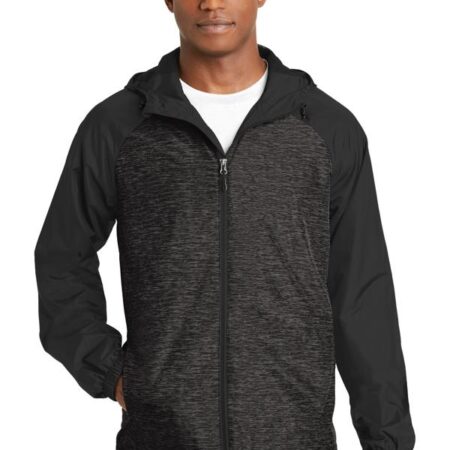 Sport-Tek Heather Colorblock Raglan Hooded Wind Jacket. JST40