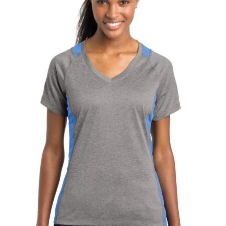 Sport-Tek Ladies Heather Colorblock Contender V-Neck Tee. LST361