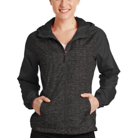 Sport-Tek Ladies Heather Colorblock Raglan Hooded Wind Jacket. LST40